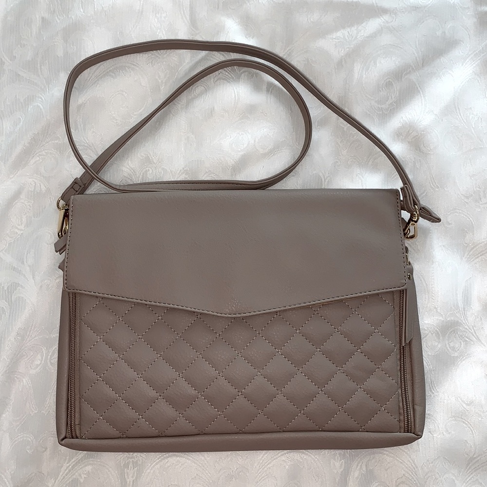 Crossbody purse with both baby changing pad & place for baby wipes, in Taupe/tan